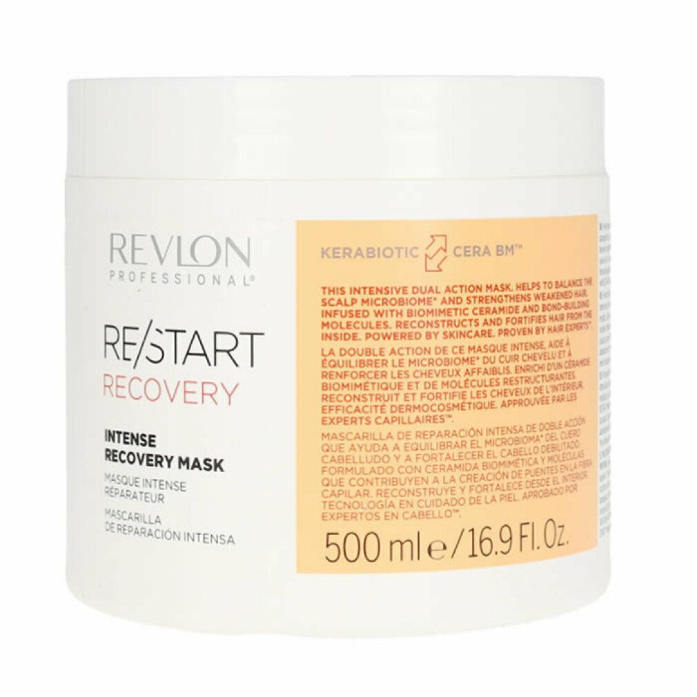 Weißer Tiegel mit Produktaufschrift. Text: Revlon Professional, Re/Start Recovery, Intense Recovery Mask. 500 ml.