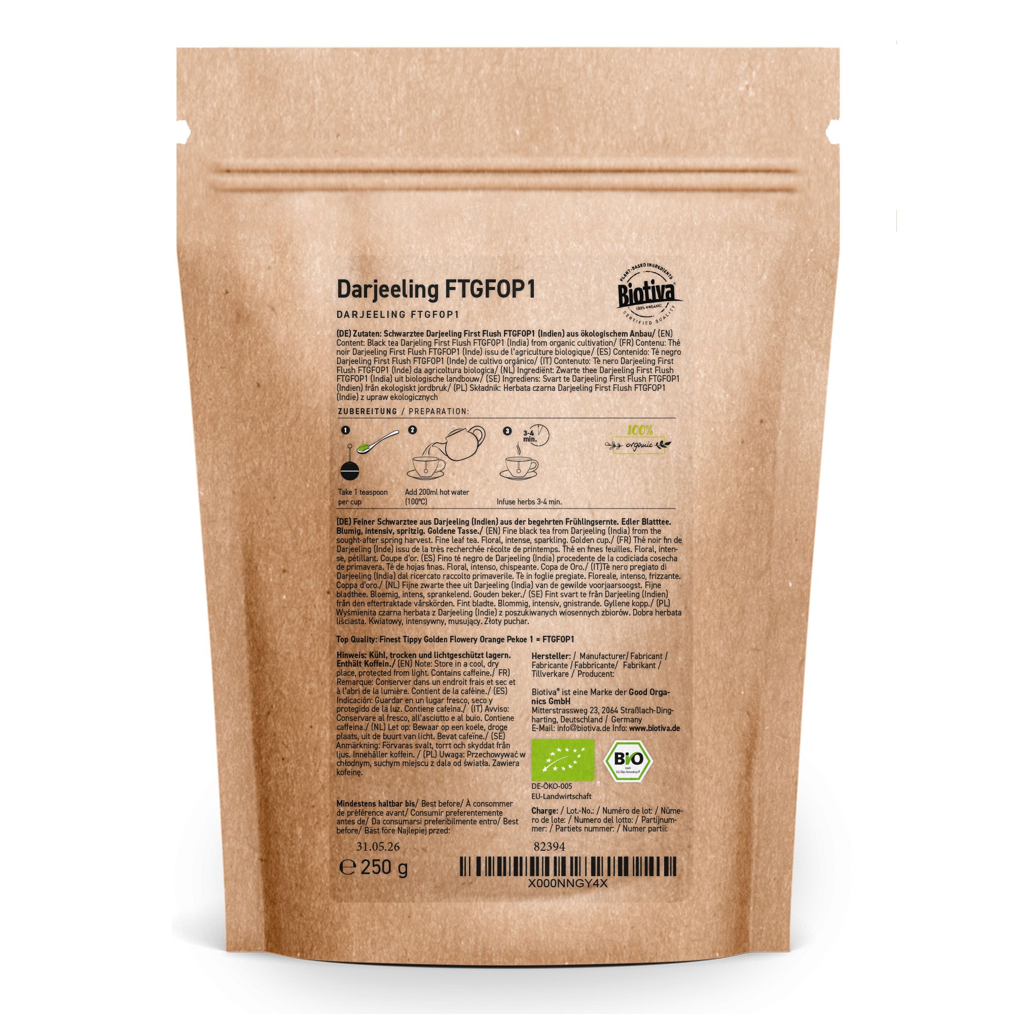Rückseite der braunen Papierverpackung mit Text, Zubereitungshinweisen und Bio-Siegel. 250g.