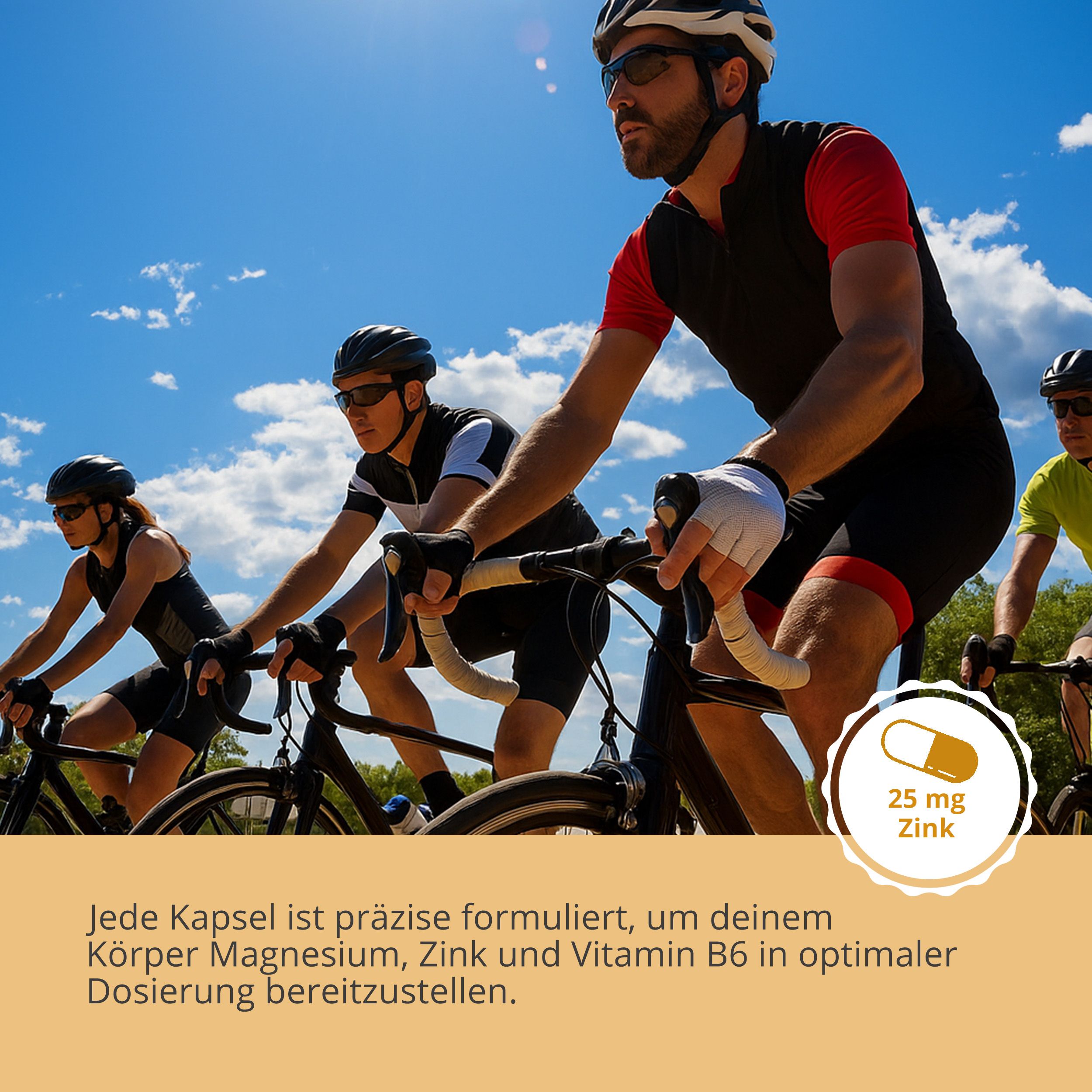 Radfahrer auf Fahrrädern. Text: 25 mg Zink. Jede Kapsel ist präzise formuliert, um Magnesium, Zink und Vitamin B6 bereitzustellen.