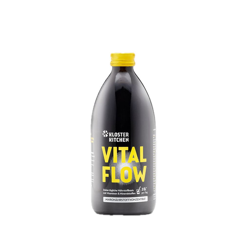 Braune Flasche mit gelbem Deckel. Aufschrift VITAL FLOW und KLÖSTER KITCHEN. Mikronährstoffkonzentrat.