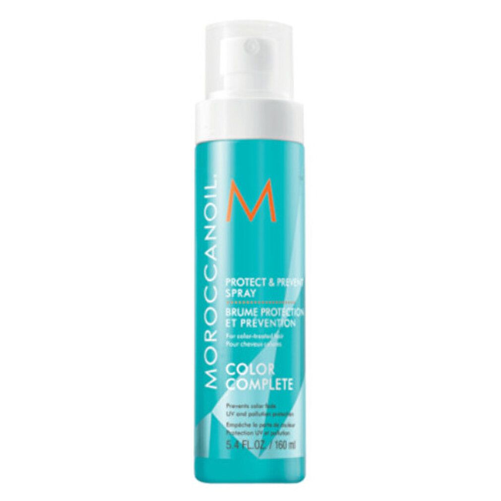 Türkisblaue Sprühflasche mit weißem Sprühkopf. Aufschrift: Moroccanoil, Protect & Prevent Spray, Color Care. 160 ml.