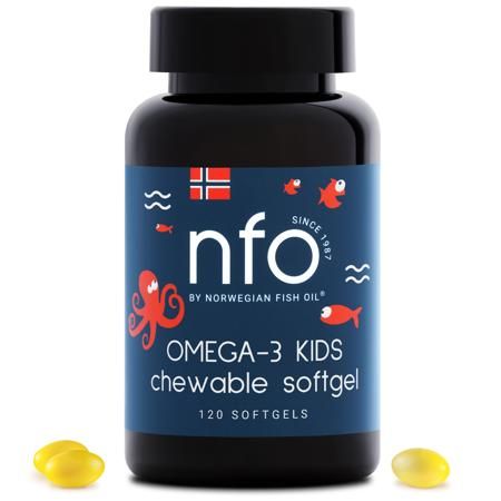 Dunkle Flasche mit blauem Etikett. Aufschrift: Omega-3 Kids, 120 Softgels. Gelbe Softgels liegen daneben.