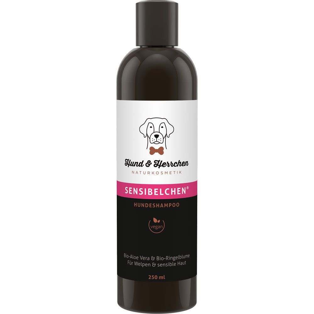 Braune Flasche Hundeshampoo mit Etikett. Logo mit Hund und Schriftzug. Text: Sensibelchen, Hundeshampoo, vegan. 250 ml.