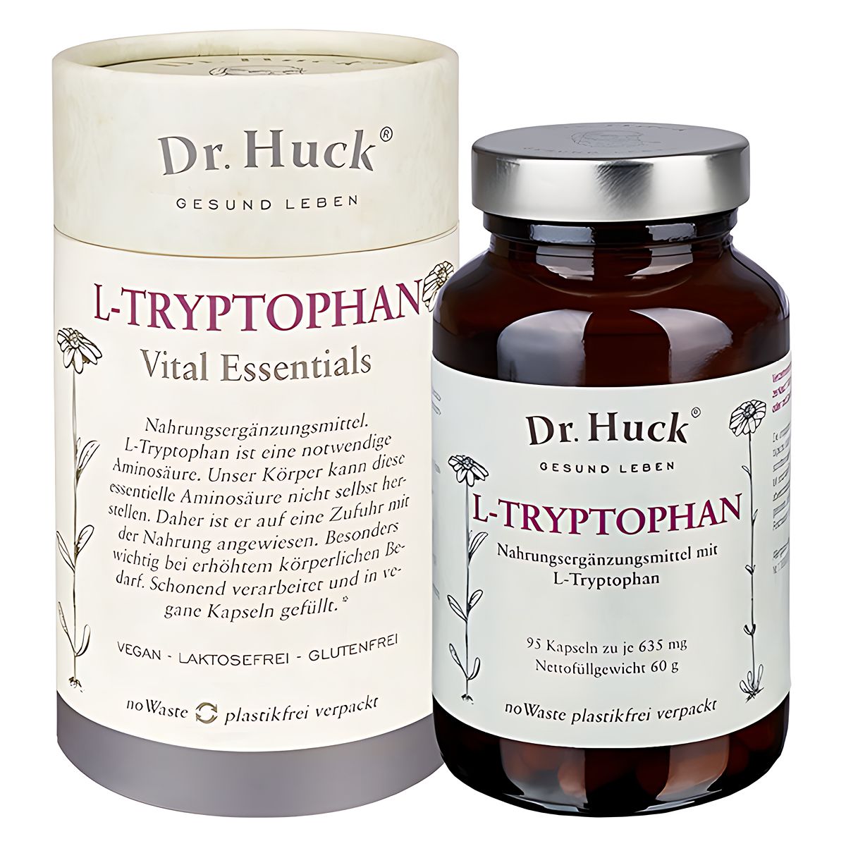 Braune Glasflasche und zylindrische Verpackung. Beide mit Etiketten, die "Dr. Huck L-Tryptophan" und Produktinformationen zeigen. Vegan, laktosefrei, glutenfrei.