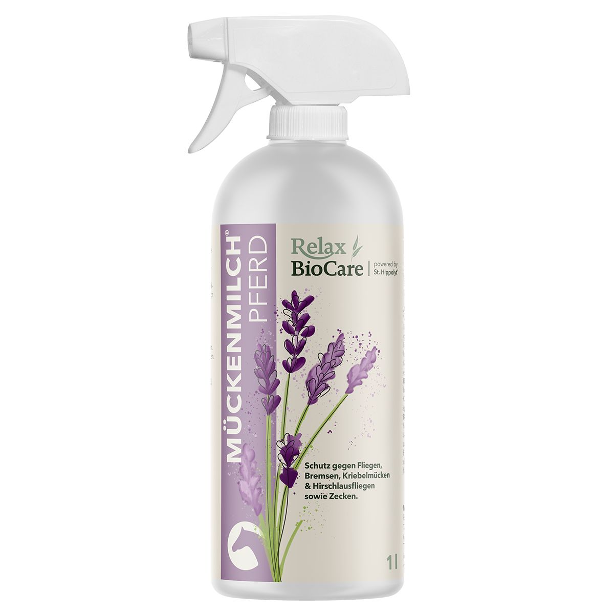 Flasche mit Sprühkopf. Aufschrift: Mückenmilch Pferd, Relax BioCare. Abbildung von Lavendelblüten. 1 Liter.