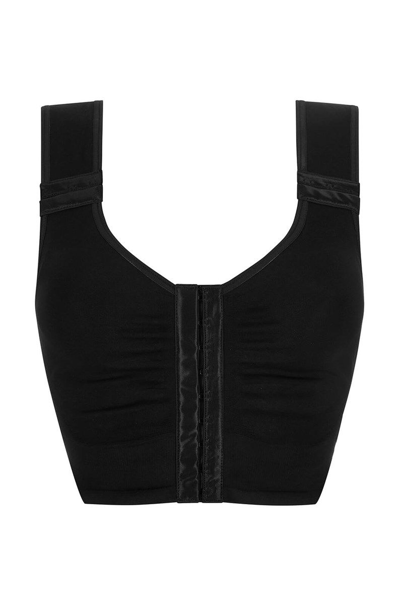 Schwarzer BH mit Frontverschluss. Breiter Saum, Träger. Vertikaler Reißverschluss.
