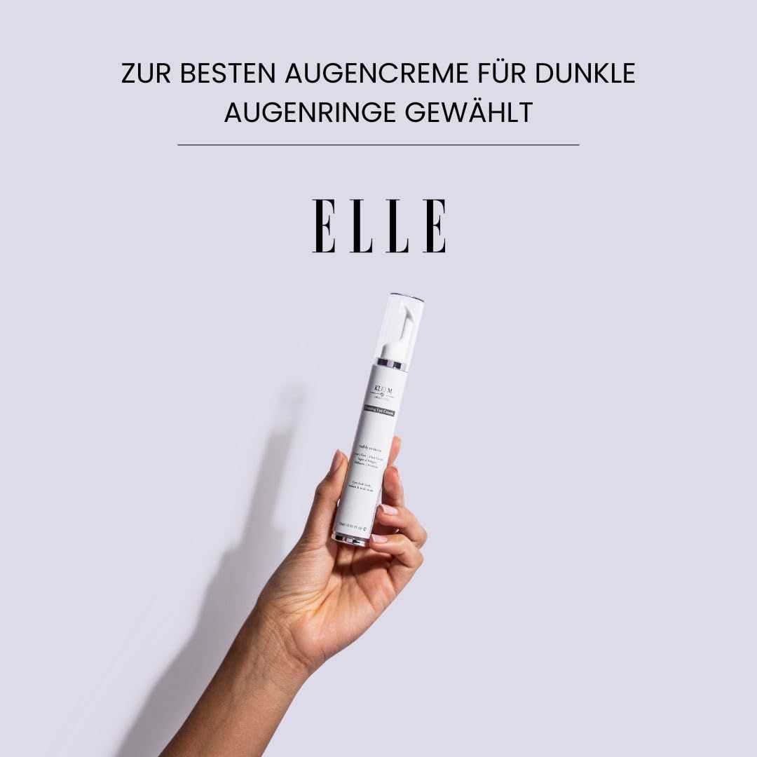 Hand hält Kleem Augengel. Text: Zur besten Augencreme für dunkle Augenringe gewählt. ELLE Logo.
