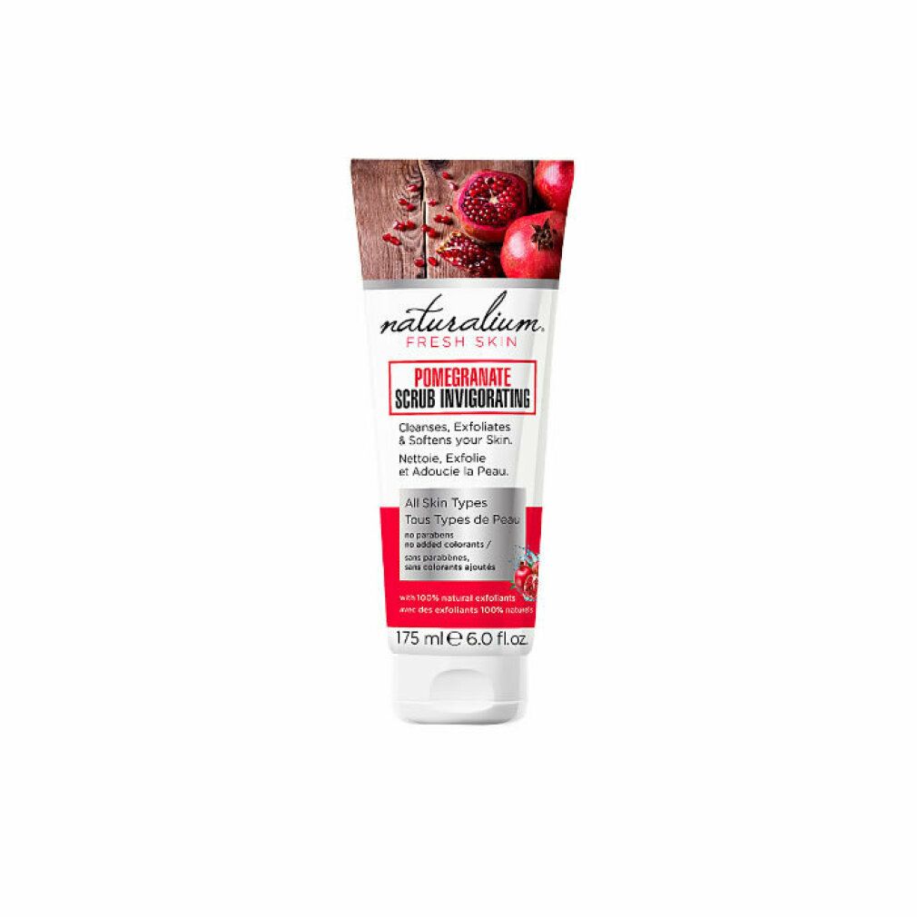 Tube mit Naturalium Pomegranate Facial Scrub. Produktname und Inhaltsstoffe aufgedruckt. Abbildung von Granatäpfeln.