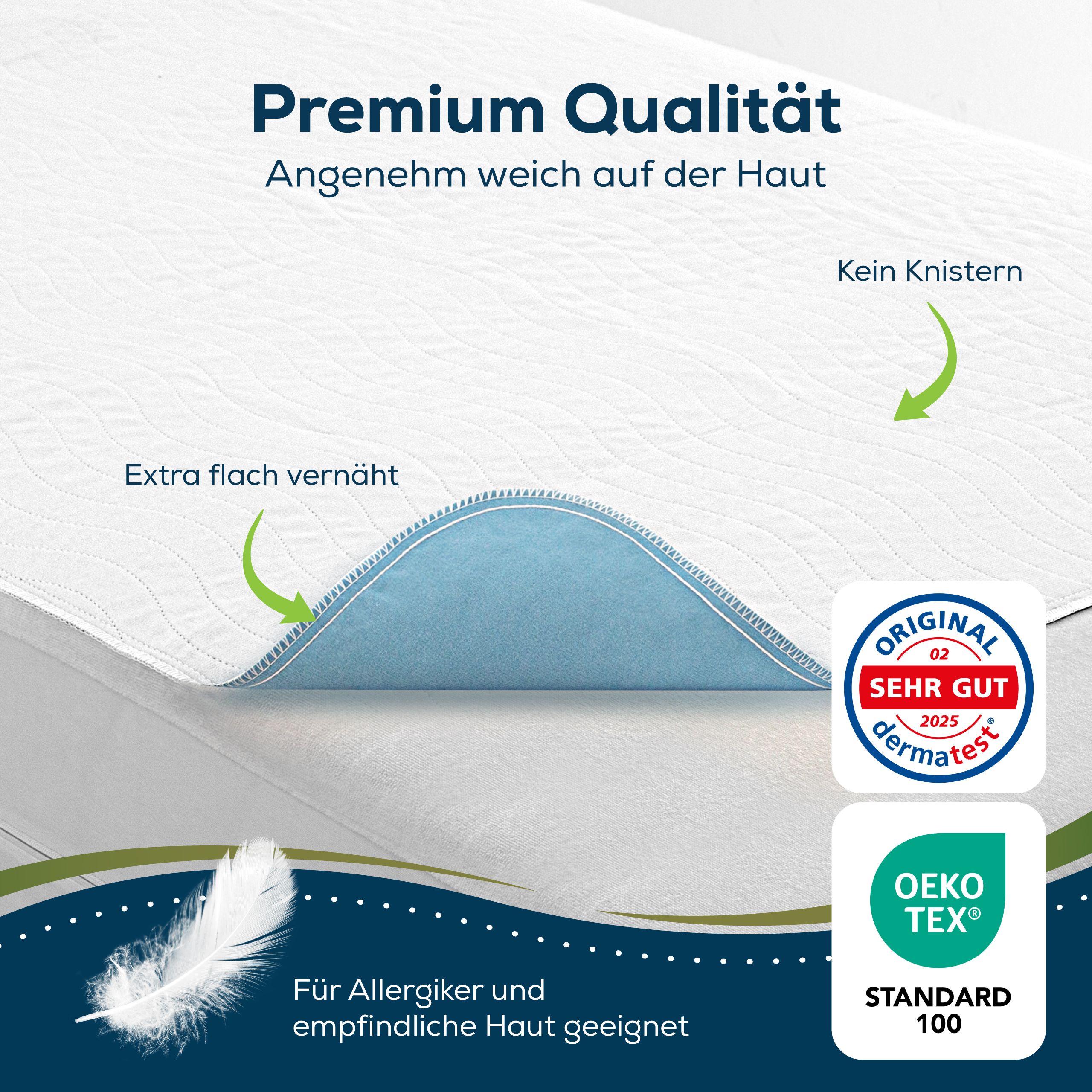 Inkontinenz-Bettunterlage. Premium Qualität. Extra flach vernäht. Dermatest-Siegel. Oeko-Tex Standard 100. Für Allergiker.