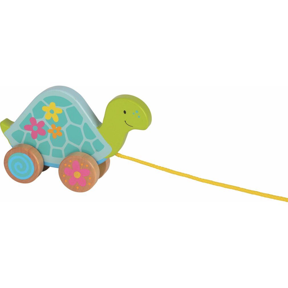 Holzschildkröte mit Rädern und gelber Schnur. Schildkrötenpanzer blau mit Blumen. Räder aus Holz mit Blumenmuster.