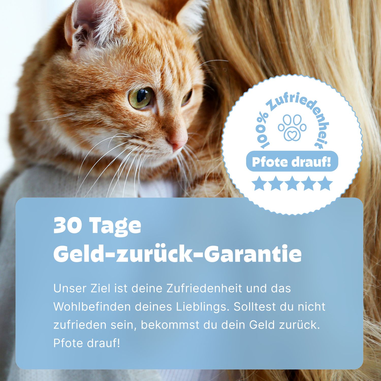 Pezz Kotprofil: 30 Tage Geld-zurück-Garantie. Abbildung einer Katze mit Pfoten-Symbol.