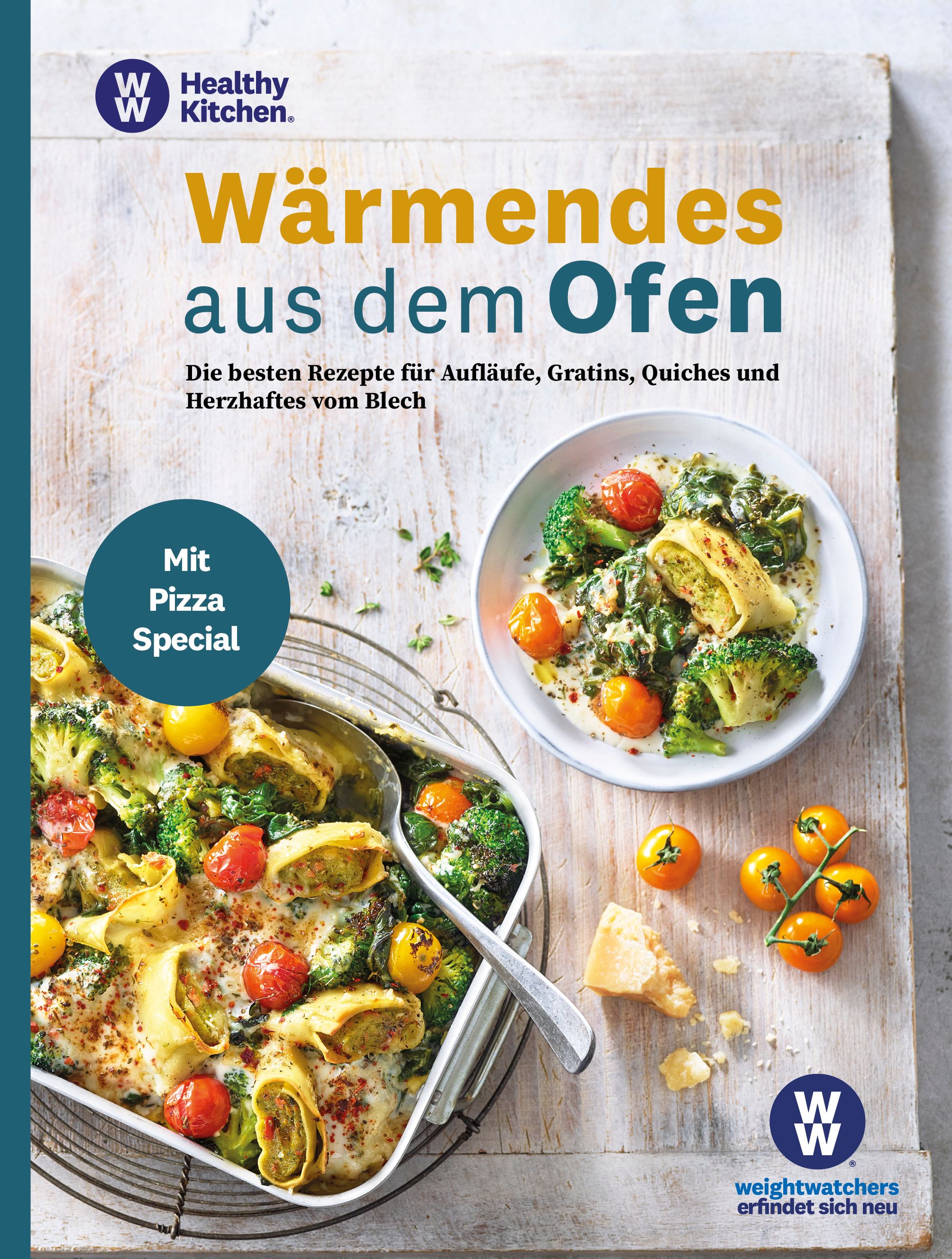 Kochbuch mit dem Titel „Wärmendes aus dem Ofen“. Auf dem Cover sind Speisen abgebildet, darunter Aufläufe und Gratins. Logo von Weight Watchers.