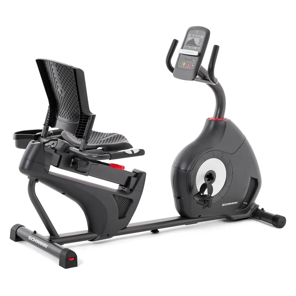 Ergometer-Heimtrainer, schwarz. Mit Rückenlehne, Display und Pedalen. Marke: Schwinn.