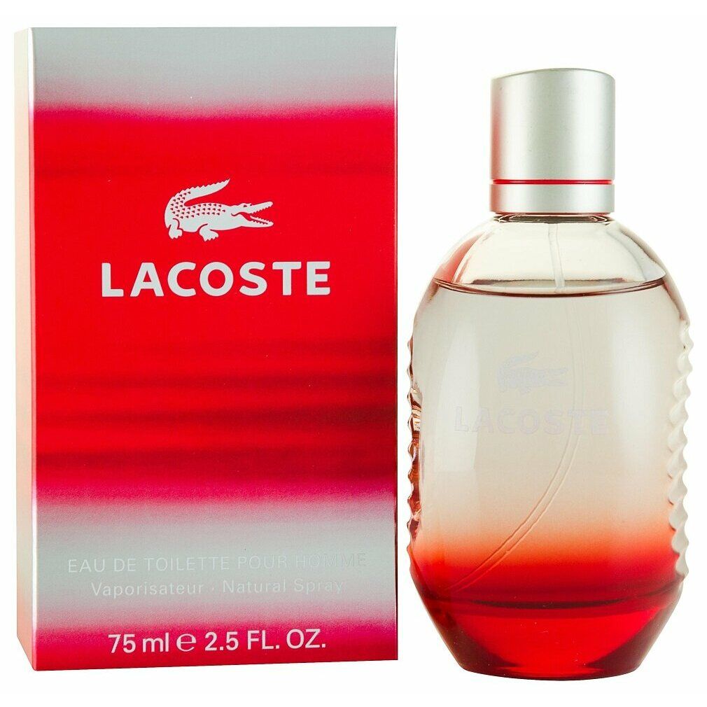 Roter Flakon mit silbernem Deckel und roter Verpackung. Lacoste-Logo und Schriftzug. 75 ml.