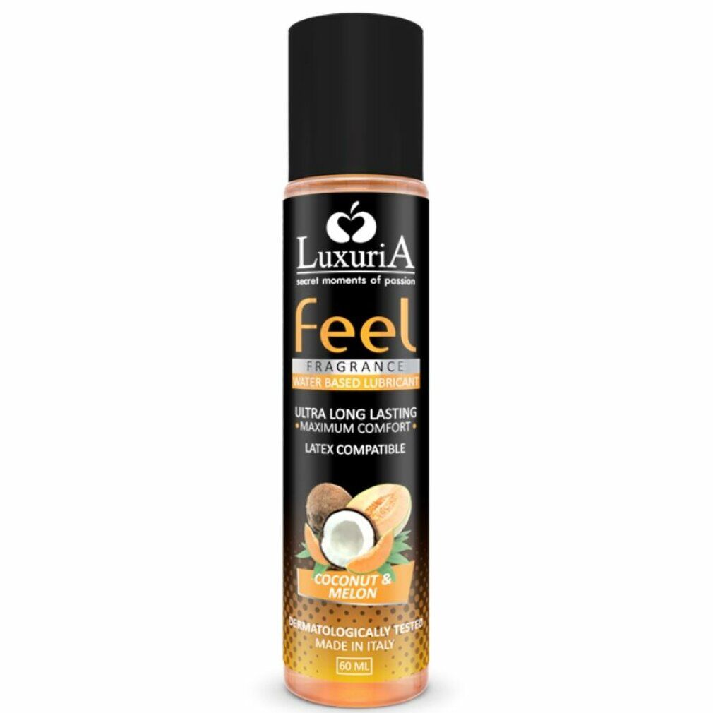 Zylinderförmiges Produkt mit schwarzem Deckel. Aufschrift: LuxuriA, feel, Kokosnuss & Melone. Dermatologisch getestet. 50 ml.