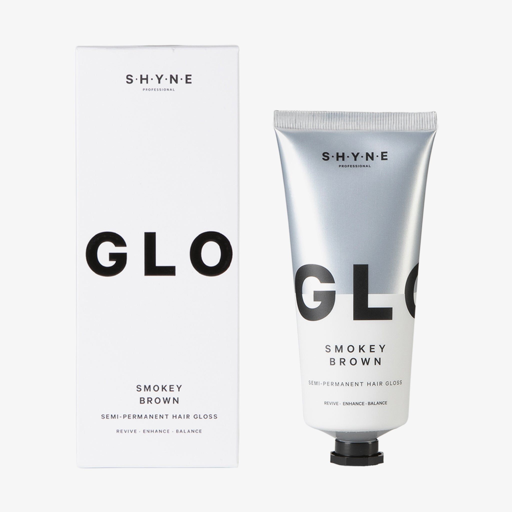 Produktverpackung und Tube. Aufschrift: SHYNE, GLO, Smokey Brown, Semi-Permanent Hair Gloss.