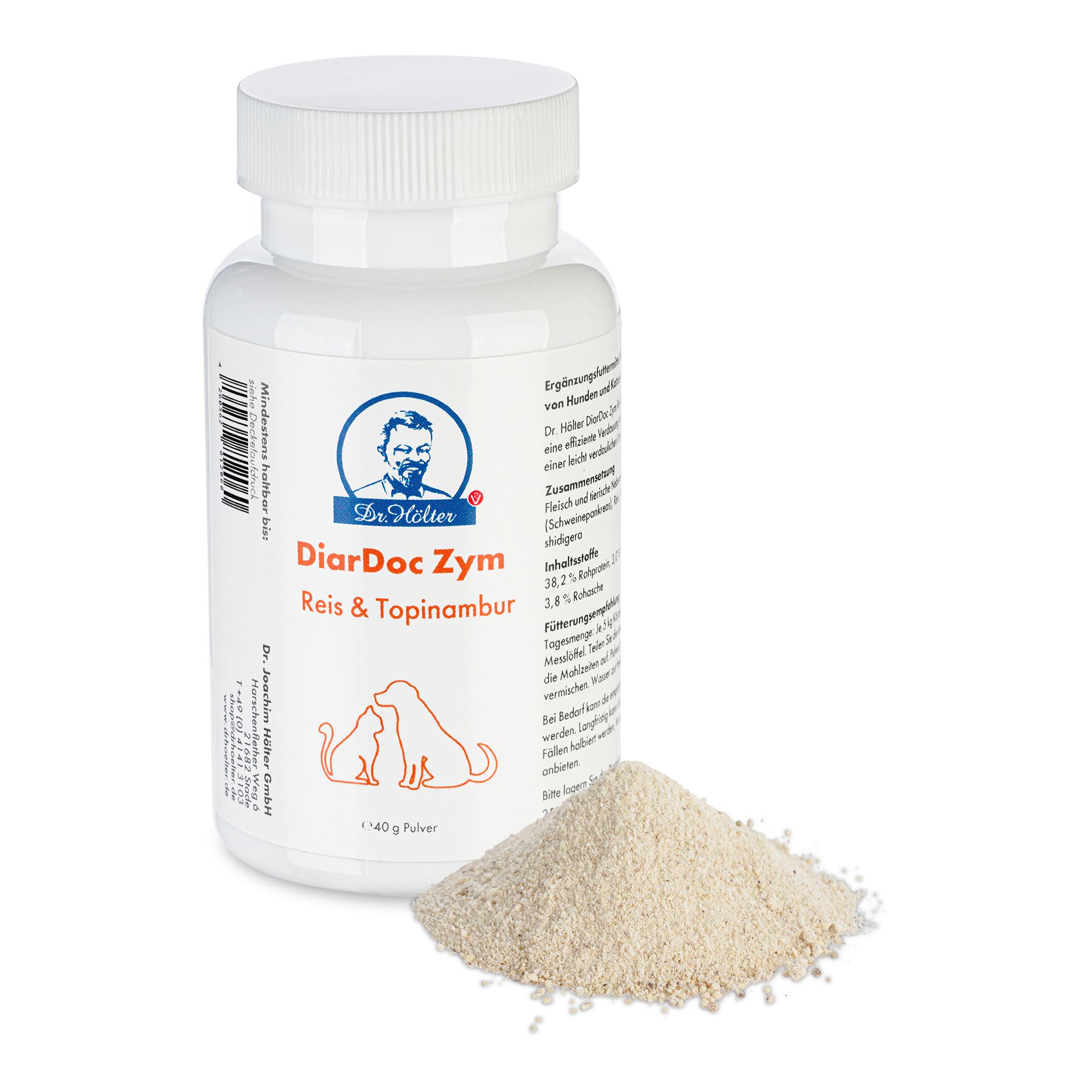 Weiße Dose mit Aufschrift Dr. Hölter DiarDoc Zym. Daneben ein Haufen Pulver. Logo mit Hund und Katze.