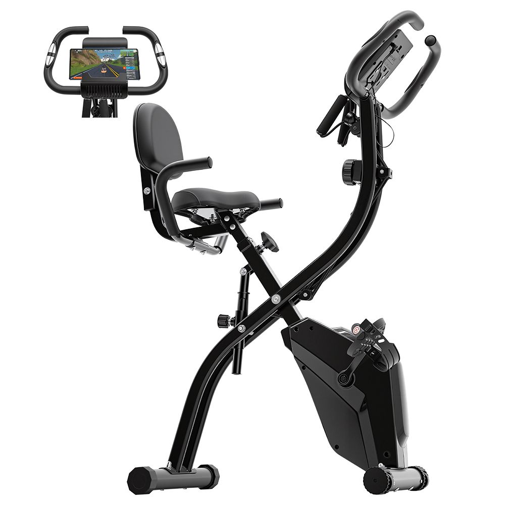 Schwarzer Heimtrainer mit Display, Sitz und Griffen. Smartphone mit Trainings-App.