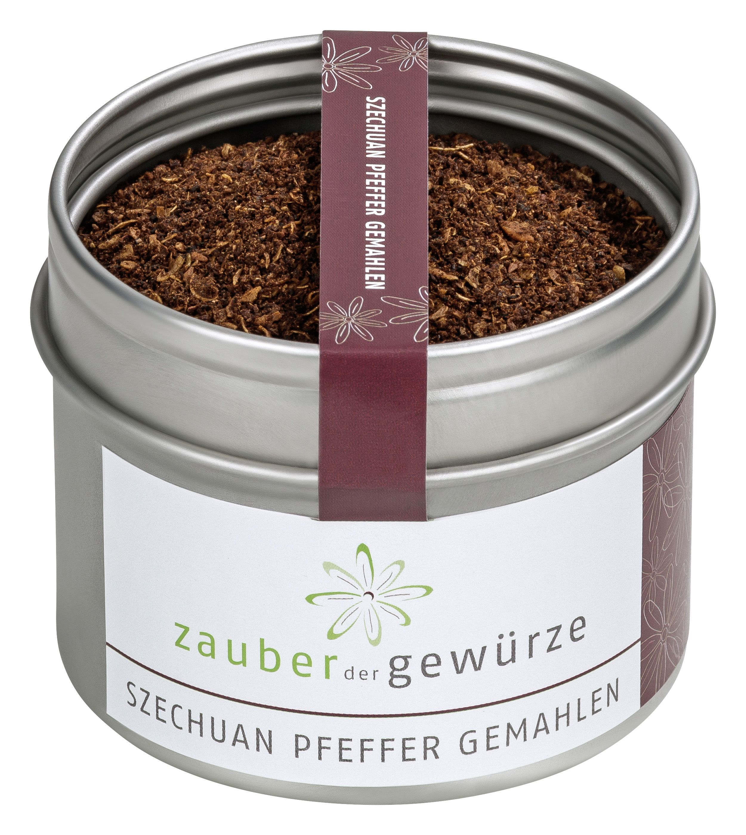 Metallbehälter mit Szechuan Pfeffer gemahlen. Weißes Etikett mit Produktnamen und Logo. Roter Papierstreifen mit Text.