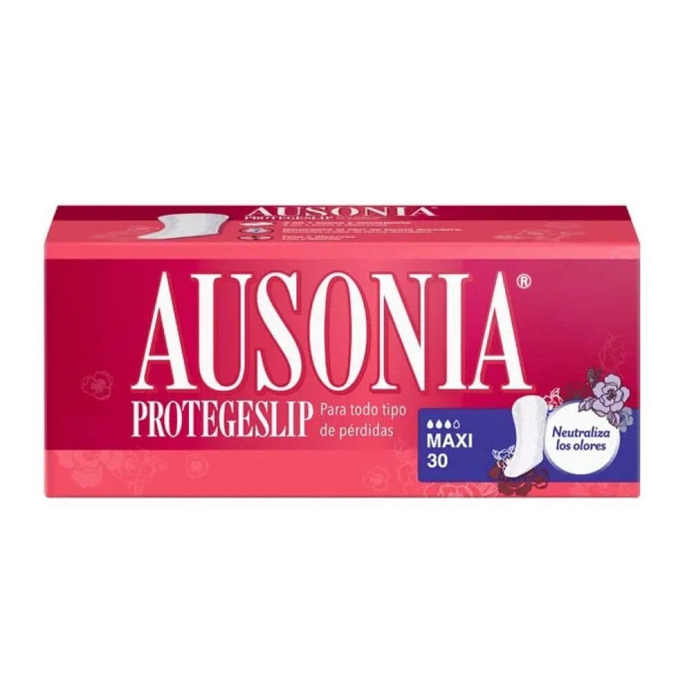 Ausonia Protegeslip Maxi Slipeinlagen, Packung. Rotes Design, Produktabbildung, Text: Maxi 30, Neutraliza los olores.