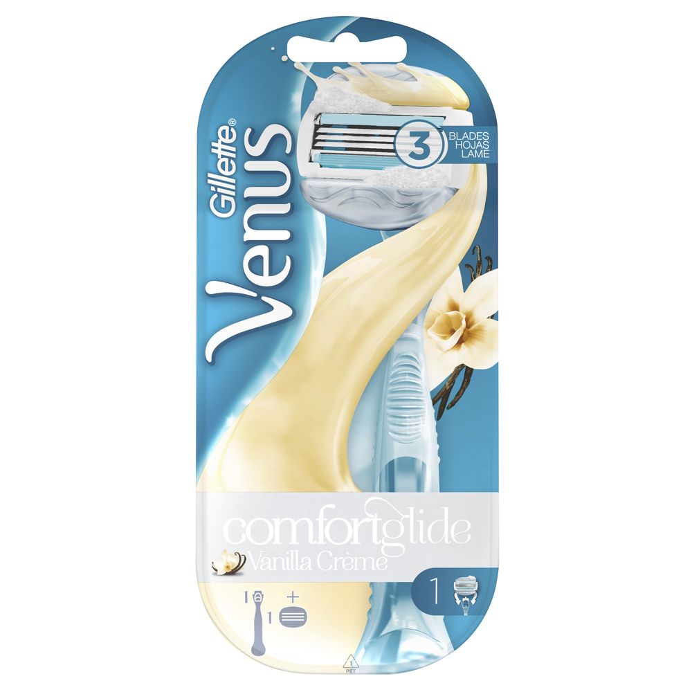 Gillette Venus Nassrasierer mit Comfortglide Vanilla Creme. Verpackung mit Rasierer und Klingen. Blaue und cremefarbene Elemente.