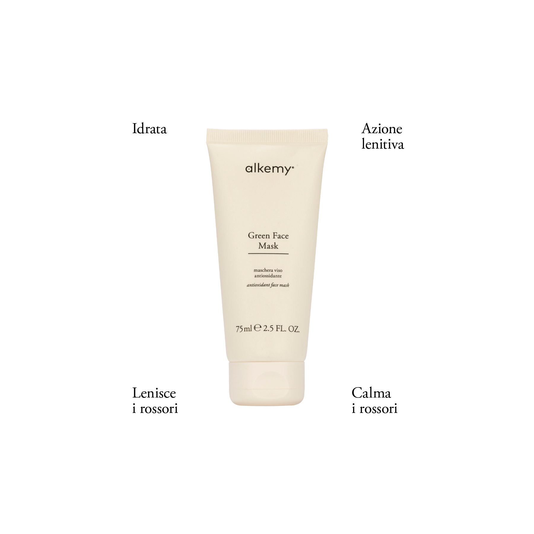 Weiße Tube Alkemy Green Face Mask mit Textangaben auf weißem Hintergrund.