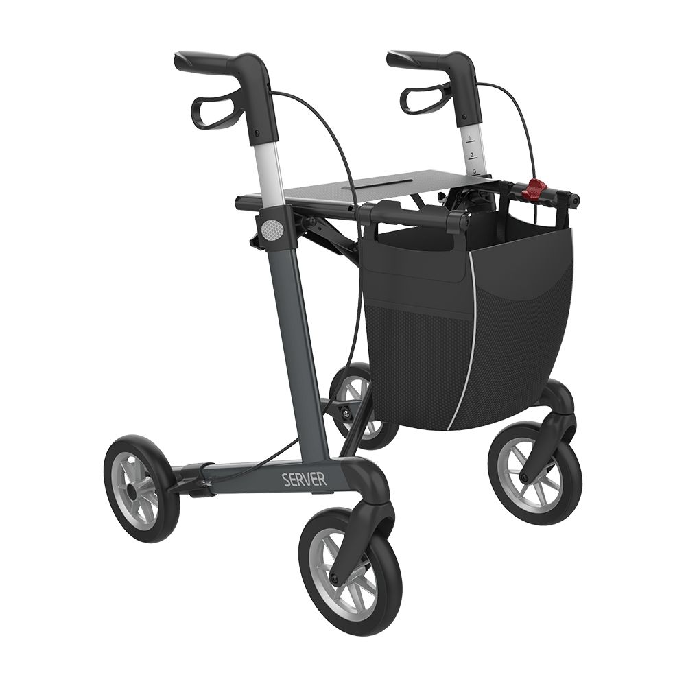 Rollator mit vier Rädern, grauem Rahmen, schwarzem Korb und Tablett. Griffe und Bremsen sind sichtbar.