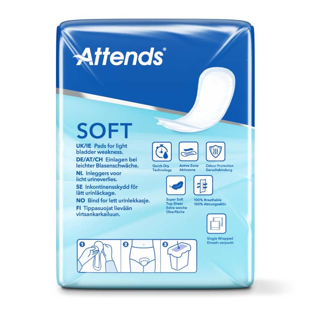 Attends Soft 2 Normal Einlagen. Rückseite der Verpackung. Produktinformationen und Logos.