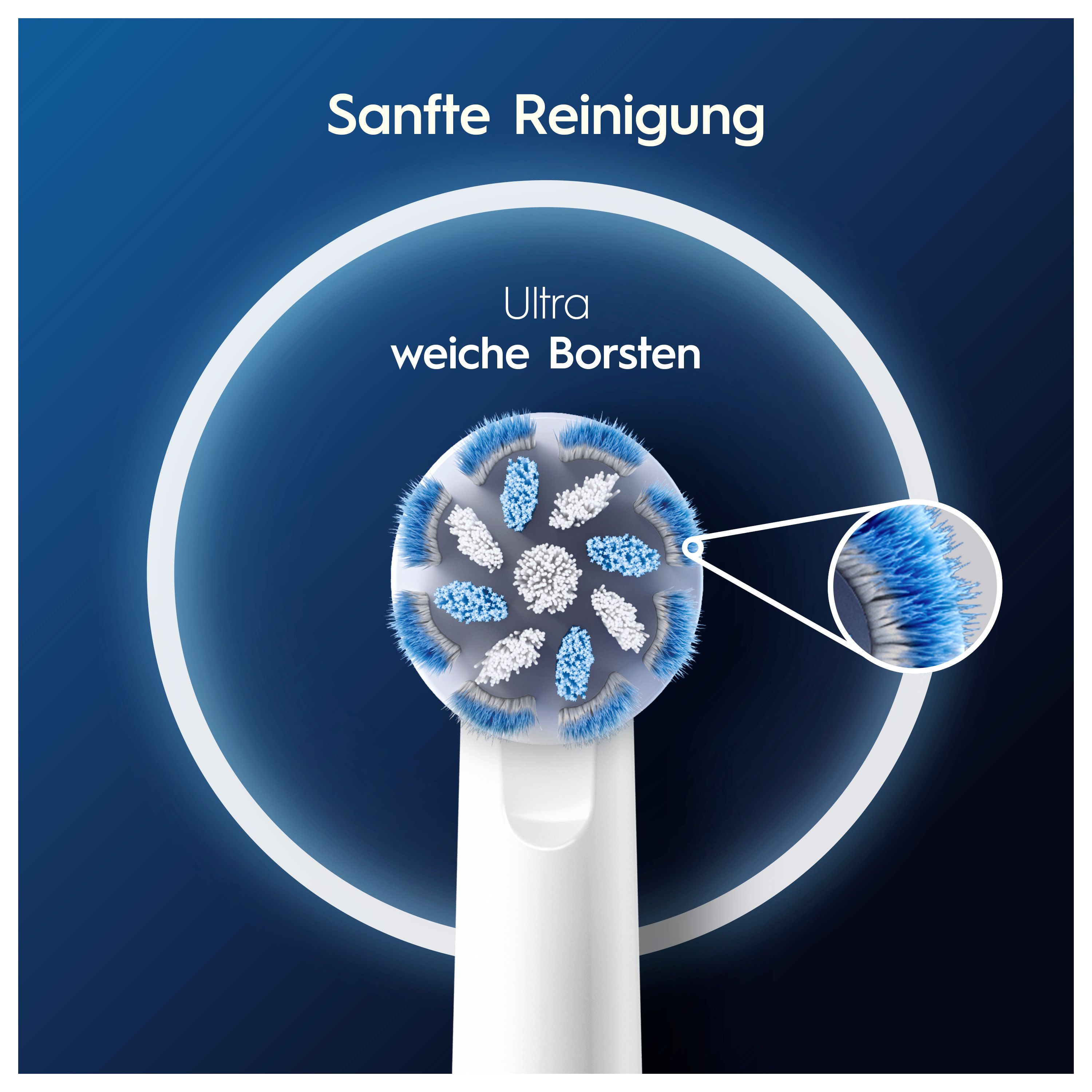 Nahaufnahme eines Oral-B Pro Sensitive Clean Bürstenkopfes. Blaue und weiße Borsten. Text: Sanfte Reinigung, Ultra weiche Borsten.