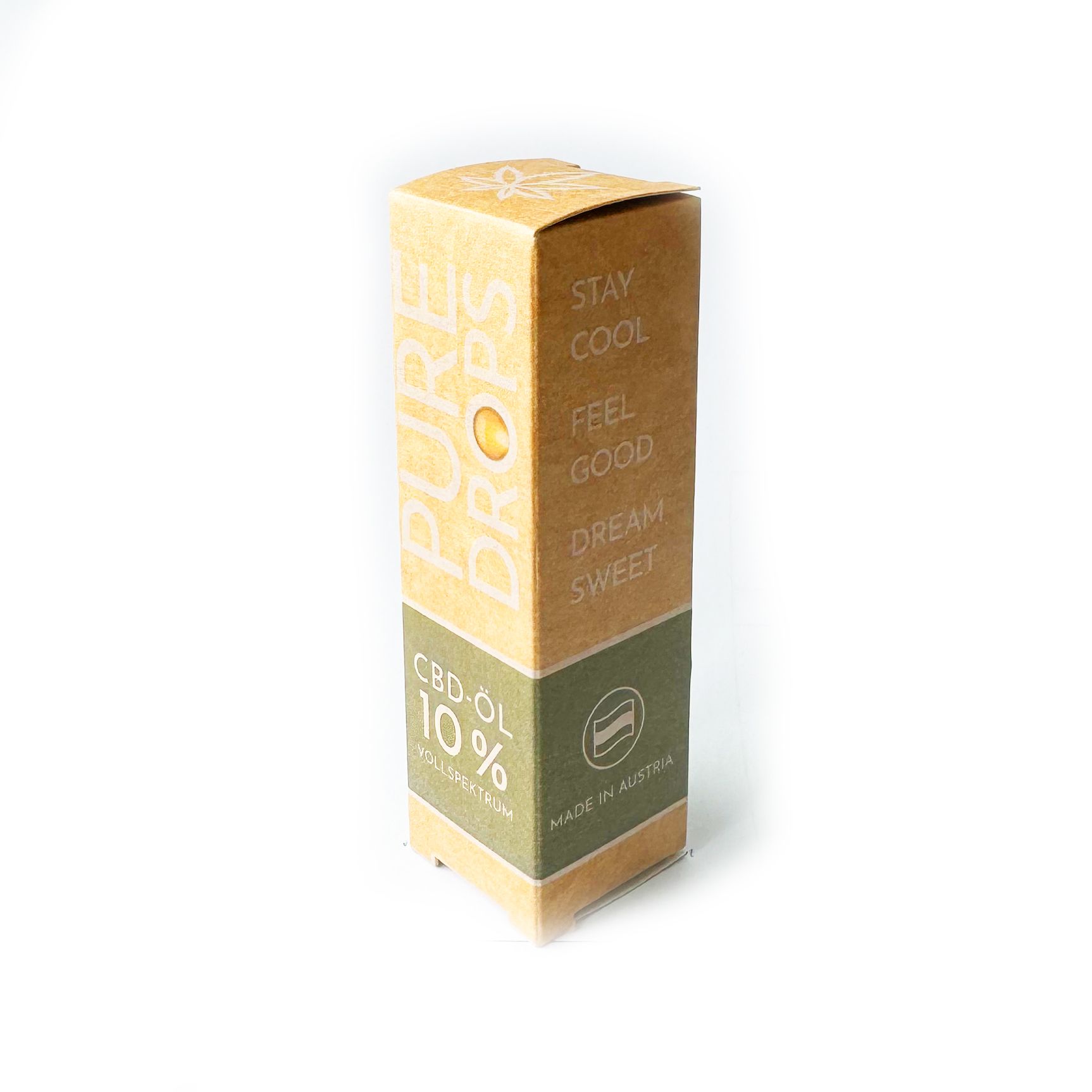Confezione in cartone con scritta "PURE DROPS" e "CBD-ÖL 10%". Colori marrone e verde. "Made in Austria".