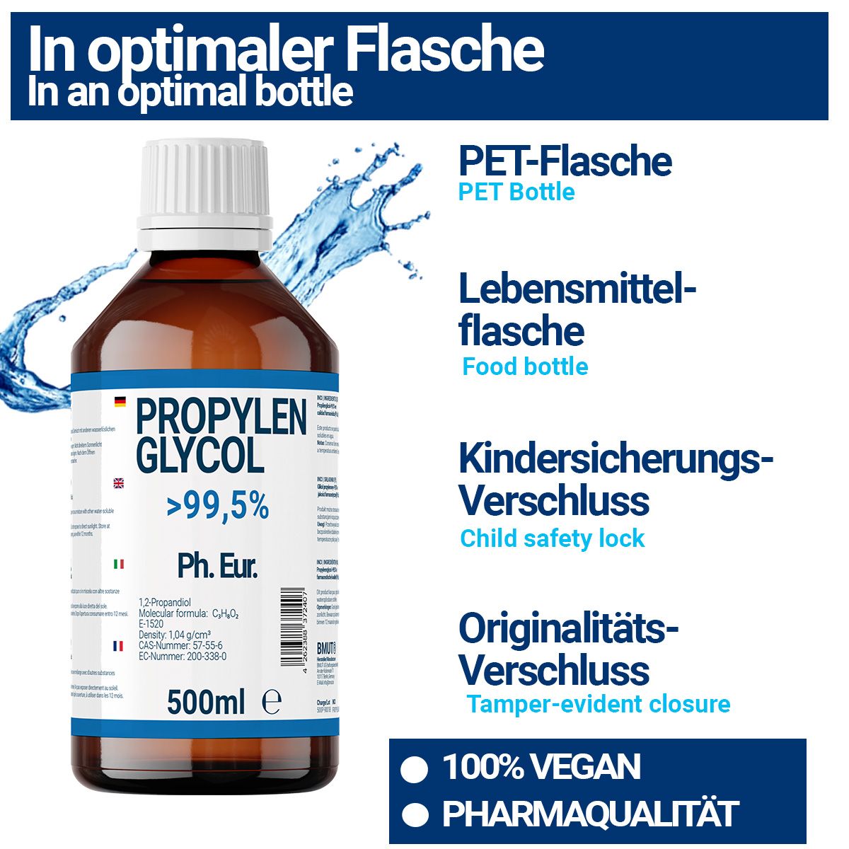 Braune Flasche mit weißem Deckel. Beschriftung: Propylenglykol >99,5%, Ph. Eur. 500ml. Merkmale: PET-Flasche, Kindersicherung.