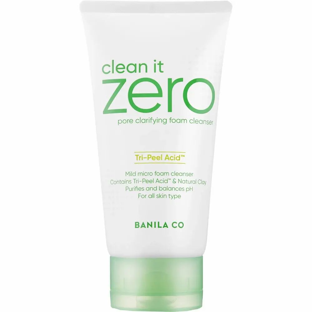 Weiße Tube mit grünem Verschluss. Aufschrift: Clean It Zero, Pore Clarifying Foam Cleanser. Text: Tri-Peel Acid, BANILA CO.