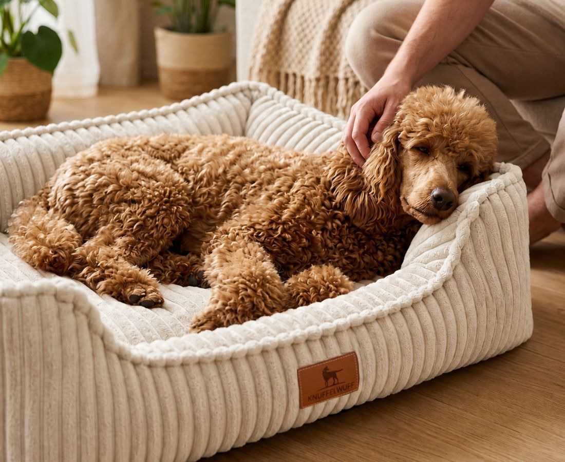 Ein Pudel liegt in einem beigen Cord-Hundebett. Eine Hand streichelt ihn sanft. Brauner Logo-Patch.