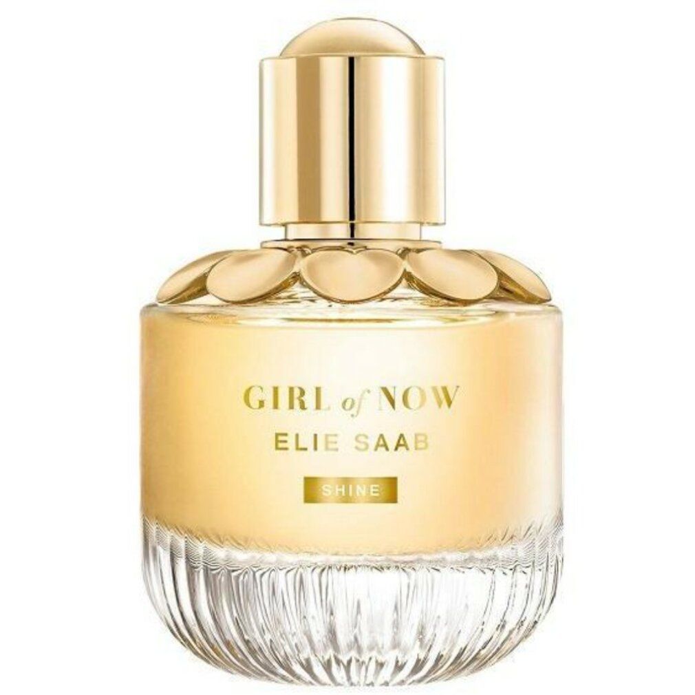 Elie Saab Girl of Now Shine Eau de Parfum Flakon mit goldenem Verschluss und geripptem Glasboden.