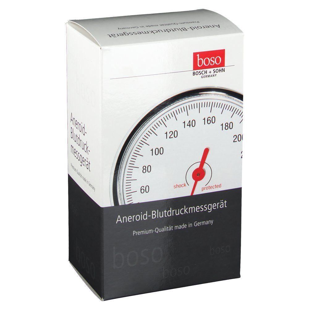 Verpackung des boso CLINICUS S. Aufdruck: Anzeigetafel, Marke, "shock protected".
