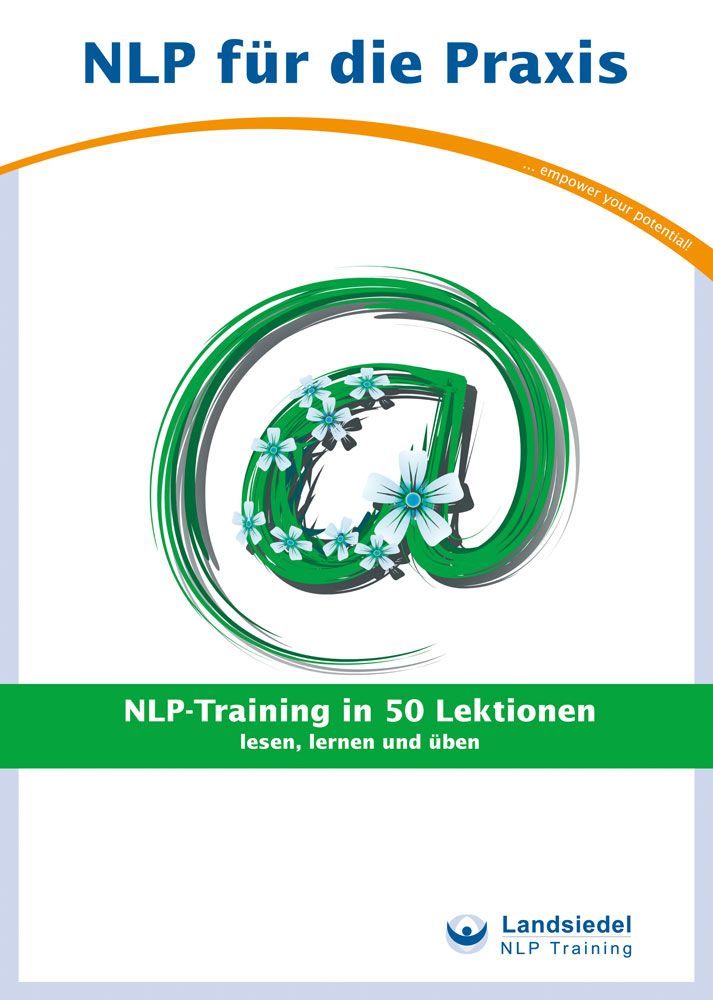 Buchcover mit grünem @-Symbol, Blumen und Text: NLP-Training in 50 Lektionen. Logo: Landsiedel NLP Training.
