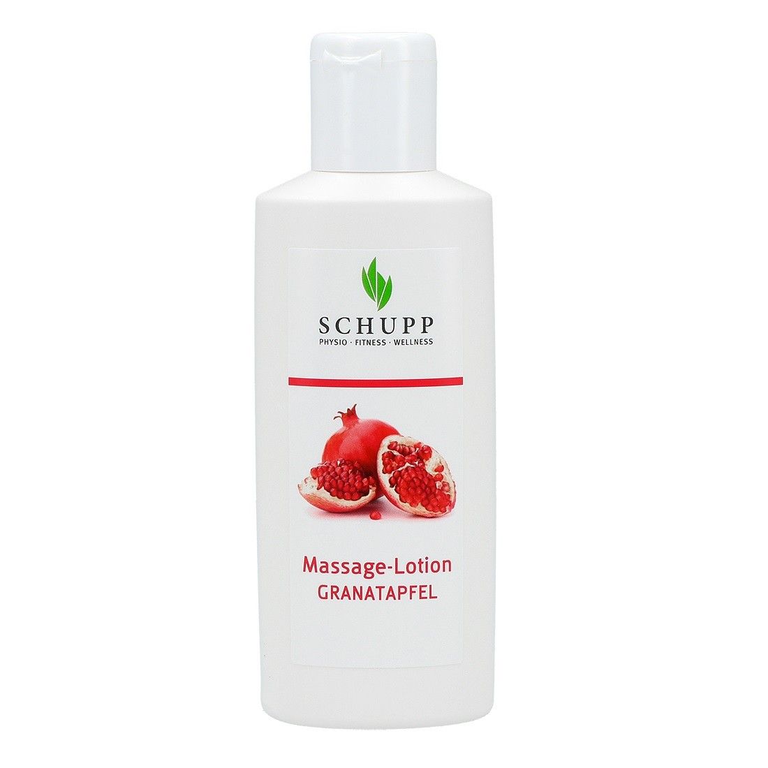Weiße Flasche mit Klappverschluss. Aufkleber mit Logo, Granatapfel-Abbildung und Produktbezeichnung: Massage-Lotion Granatapfel.
