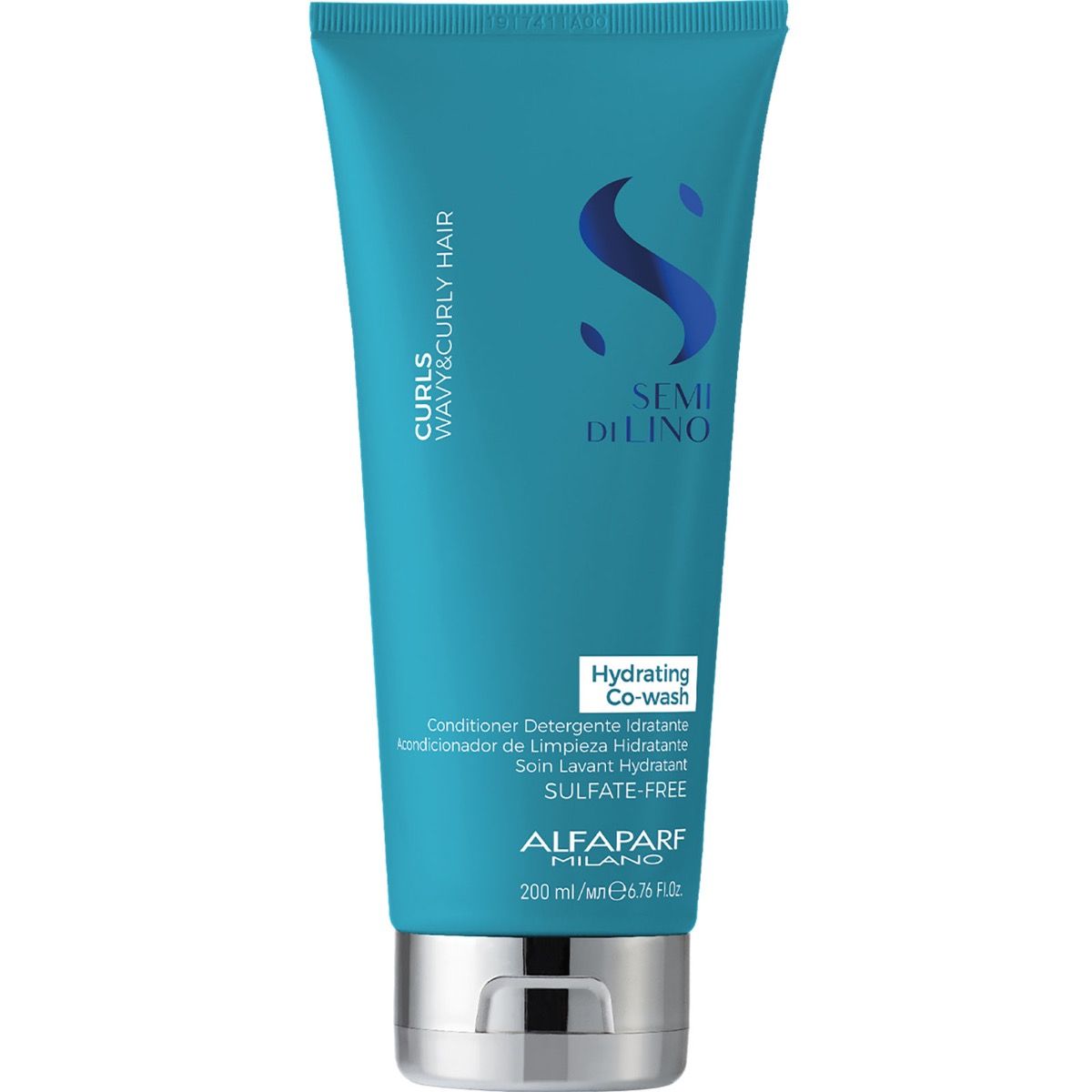 Türkise Tube mit silbernem Verschluss, Alfaparf Semi di Lino Hydrating Co-wash für lockiges Haar.