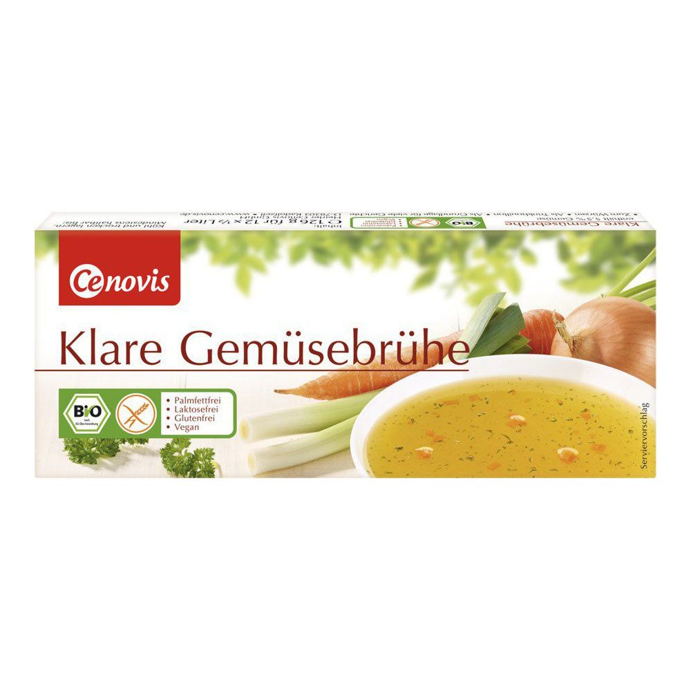 Cenovis Klare Gemüsebrühe Packung. Aufschrift: Klare Gemüsebrühe, Bio, glutenfrei, vegan. Abbildung von Gemüse und Brühe.
