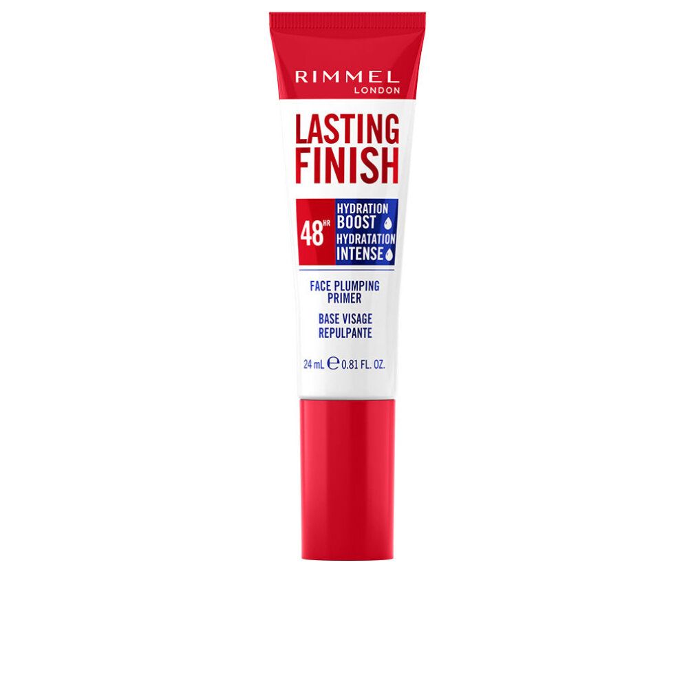 Rote und weiße Tube mit Aufschrift "Rimmel London Lasting Finish". Enthält "Face Plumping Primer".