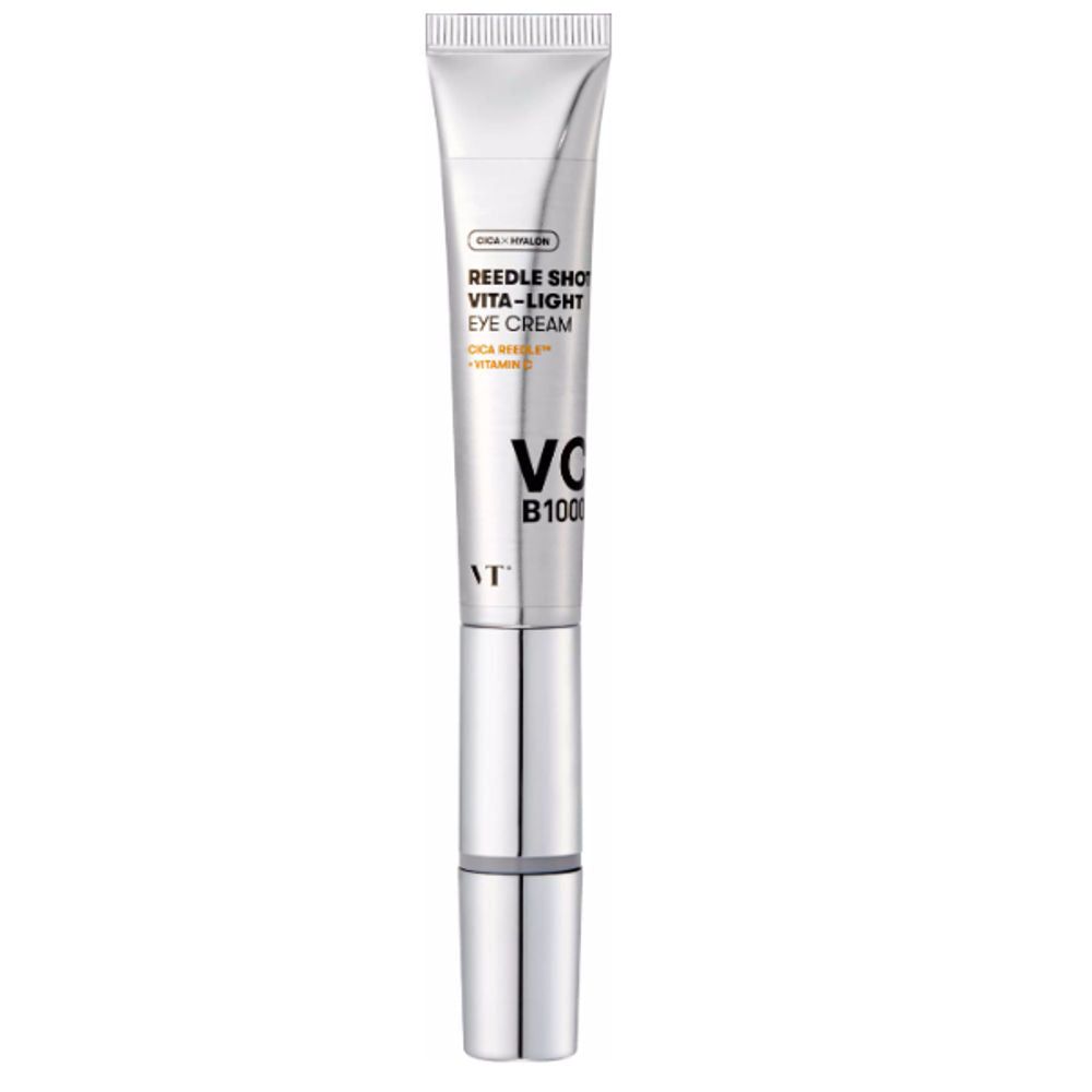 Silberne Tube mit Aufschrift REEDLE SHOT VITA-LIGHT EYE CREAM. Marke VT. Enthält Cica, Madecassoside und Vitamin C.