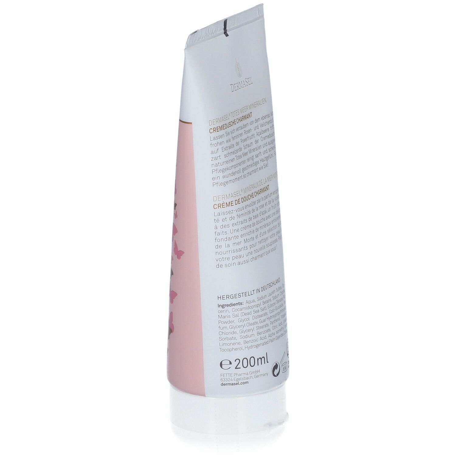 Schräg stehende Tube mit Text. Rosa Hintergrund, weißer Deckel. Text in Deutsch und Französisch.