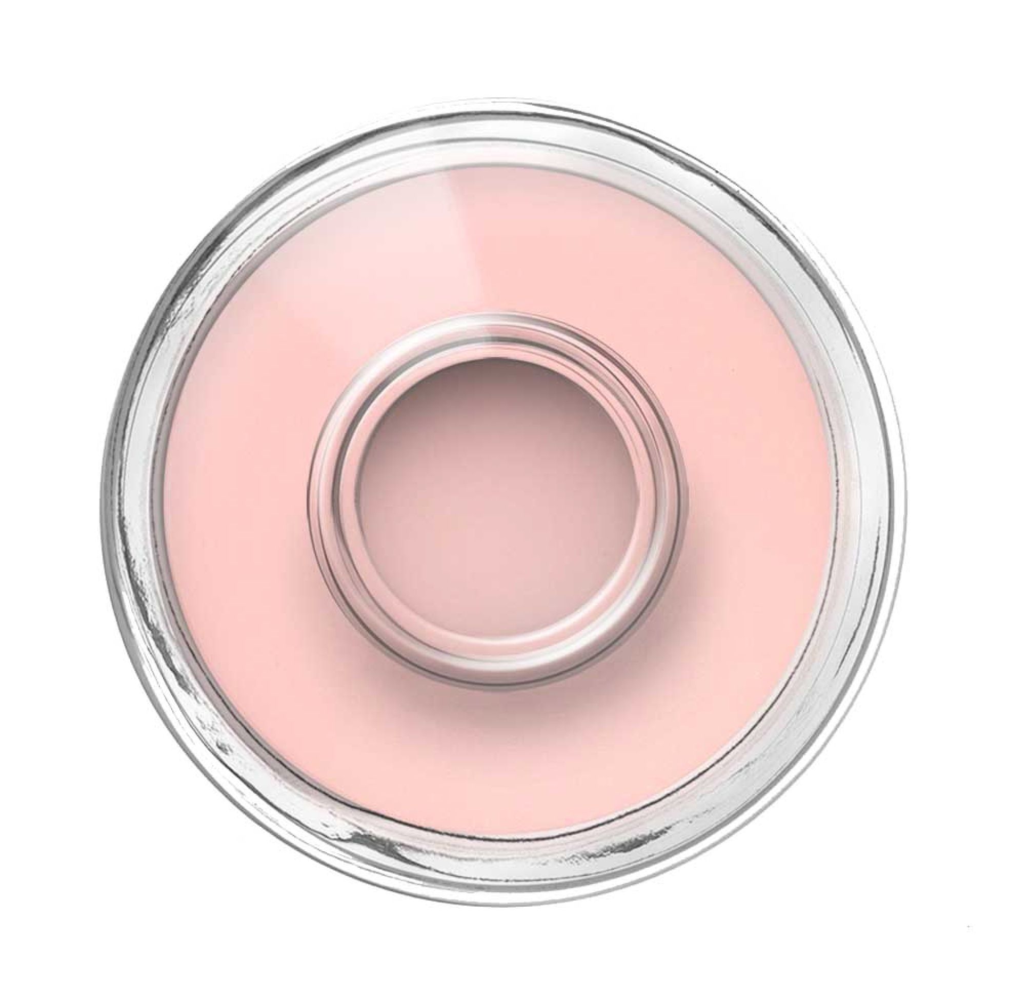 Draufsicht auf eine Nagellackflasche mit rosa Inhalt. Transparente Glasflasche mit rosa Nagellack.