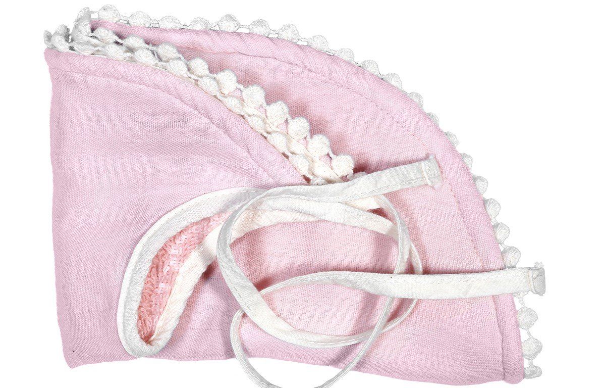 Gefaltetes rosa Lätzchen mit weißer Spitze und Bindebändern. Ohren-Design.