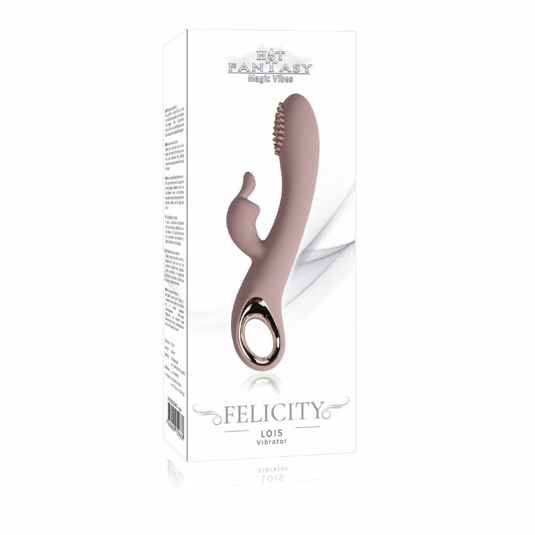 Rosa Vibrator in Verpackung. Auf der Verpackung steht „FELICITY“ und „HOT FANTASY“. Der Vibrator hat eine geriffelte Spitze und Hasenohren.