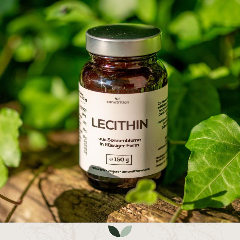 Braune Glasflasche mit silbernem Deckel. Etikett mit Aufschrift „Lecithin aus Sonnenblume“. 150g.