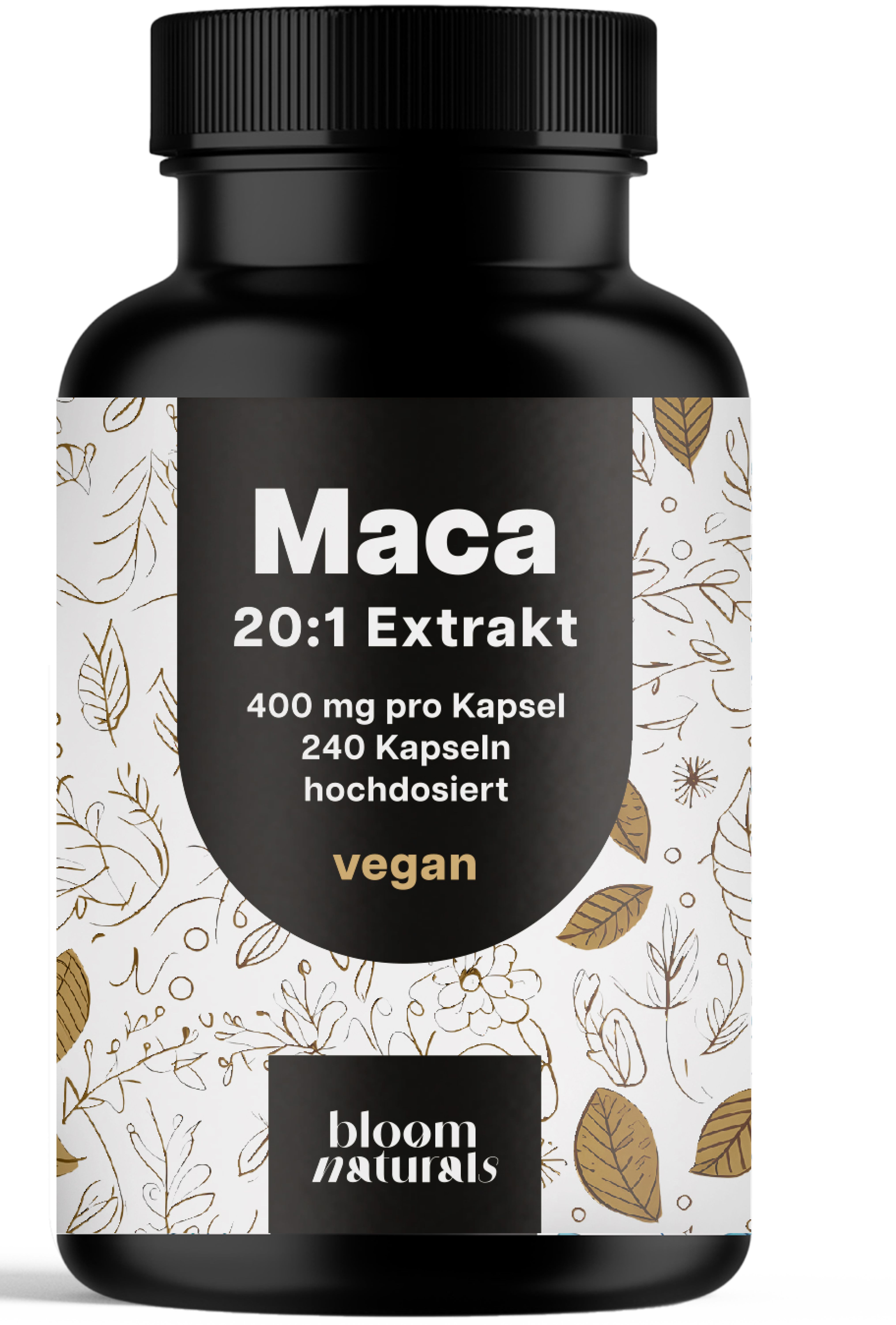 Schwarze Flasche mit weißem Etikett. Aufschrift: Maca 20:1 Extrakt, 400 mg pro Kapsel, 240 Kapseln, vegan. Marke: Bloom Naturals.
