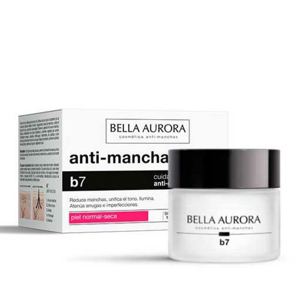Bella Aurora Anti-Mancha b7 Creme in einem Glasbehälter mit schwarzem Deckel. Kartonverpackung daneben.