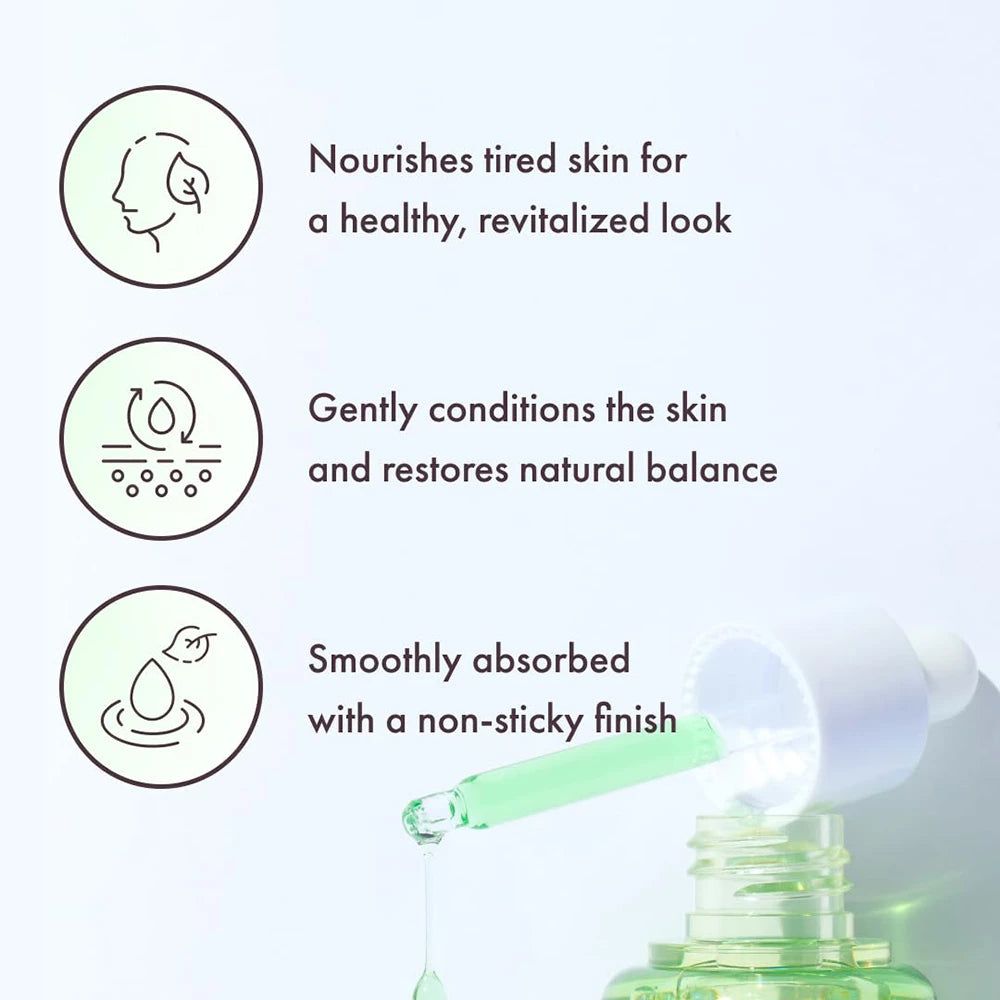 Produktflasche mit Pipette. Text: Nourishes tired skin for a healthy, revitalized look. Gently conditions the skin.
