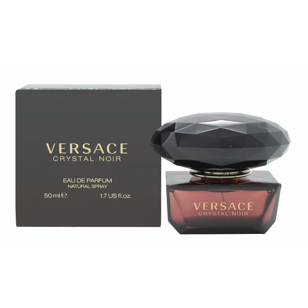 Versace Crystal Noir Eau de Parfum. Schwarzer Flakon und Verpackung. Schwarzer Deckel. Goldene Schrift.